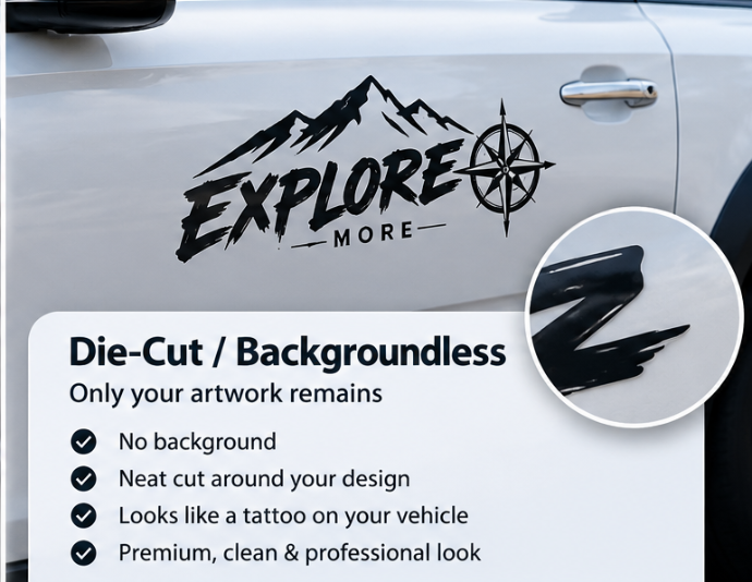 Custom die-cut car decal applied to a white vehicle